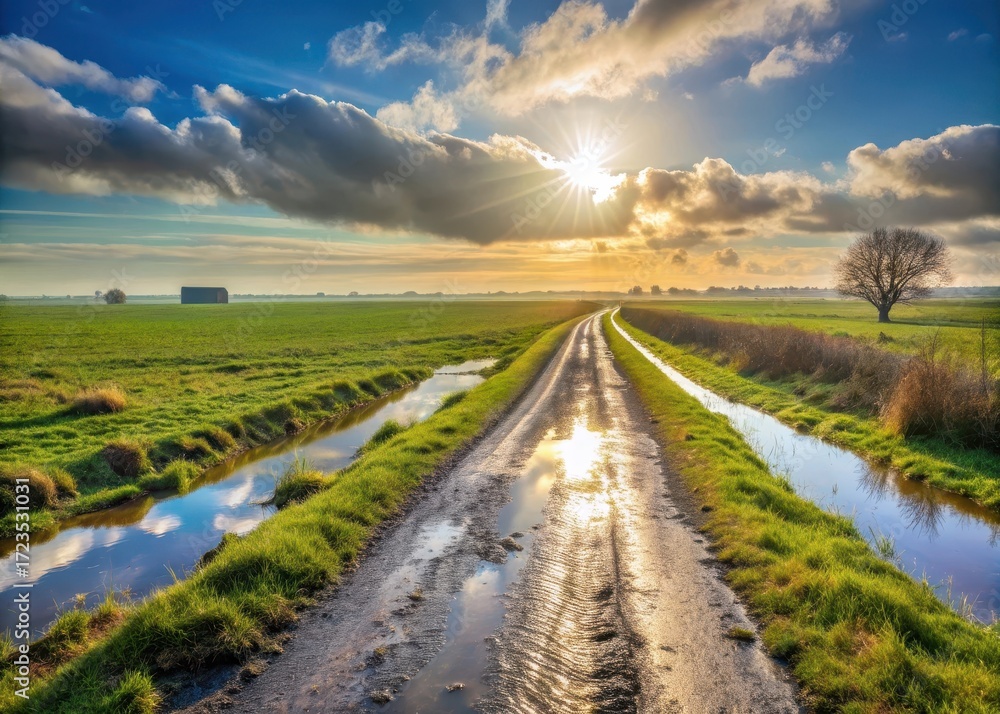 Fototapeta premium Muddy road in Dutch meadow under sun