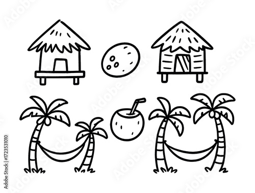 Tropical hut and palm tree sketch with coconut and hammock scenes