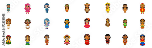 A vibrant and diverse collection of female character avatars, showcasing multicultural representation in a simple flat icon style for digital media