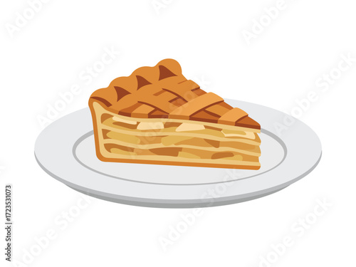 A delicious slice of apple pie with a lattice crust served on a white plate, perfect for a dessert.