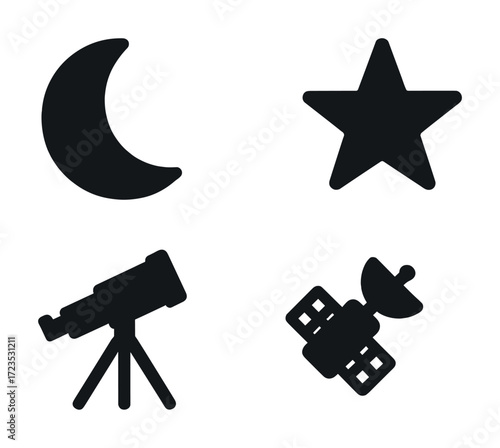 Celestial icons: moon, star, telescope, satellite in black silhouette