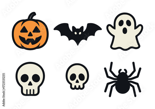 Halloween icons: pumpkin, bat, ghost, skulls, spider for spooky decoration