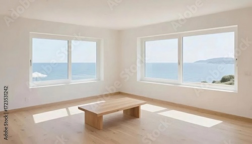 明るいリビングルーム海景色と木製テーブル
