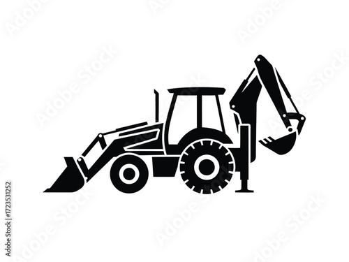 Black silhouette backhoe loader icon vector graphic for construction and excavation services silhouette vector illustration white background