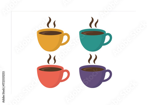 Colorful coffee cups with steam in yellow, green, red, and purple