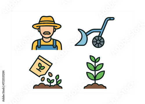 Farming icons: male farmer, tiller, seed planting, growing plant