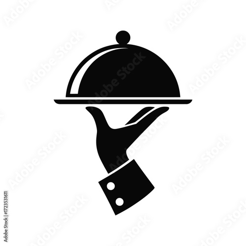 Waiter hand holding serving platter cloche, food service icon, catering symbol, restaurant concept