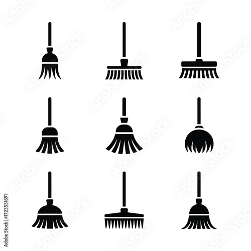 Variety of broom cleaning tools, sweeping equipment collection, household chore icons, tidiness symbols