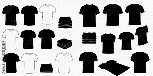 An array of black and white t-shirts, some folded in stacks, arranged on a transparent background.