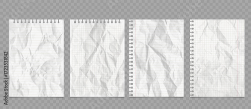 Vector sheet of paper with a wrinkled texture and shadow. Realistic crumpled paper mockup. Torn edges. Notebook page design template. 