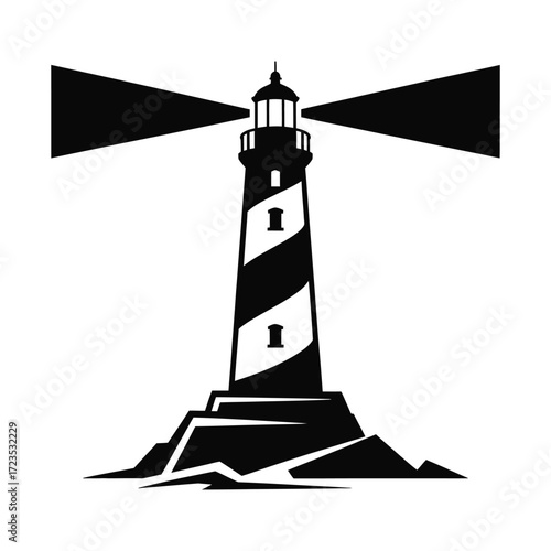 Black lighthouse silhouette on rocks, guiding light for ships, ocean navigation symbol with powerful beams