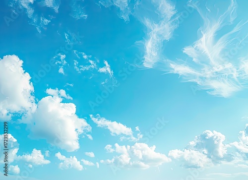 A vibrant blue sky canvas, adorned with fluffy white cumulus clouds scattered across its expanse, features wispy cirrus clouds streaking delicately across the upper regions