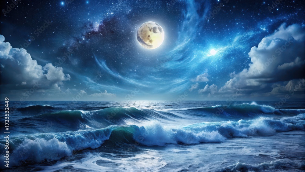 Fototapeta premium Dark turbulent ocean under starry night sky with big waves