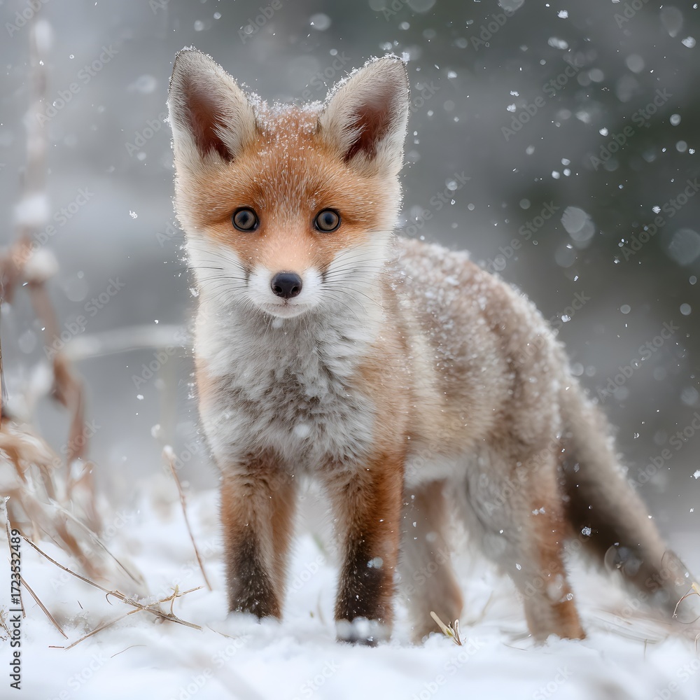Obraz premium Appealing little fox cub in the snow