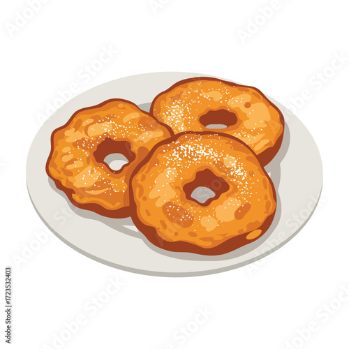 Three apple fritters on a plate, dusted with powdered sugar.