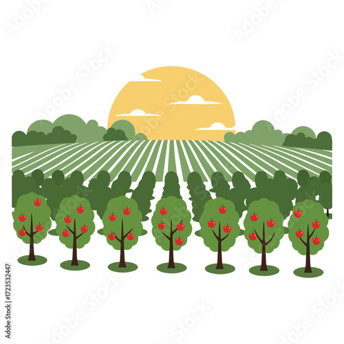 Stylized illustration of an apple orchard with rows of trees, fields, hills, and a large setting sun in a rural landscape.