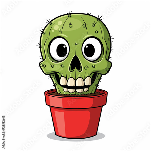 Cartoon Cactus Skull in Red Pot with Googly Eyes and Spiked Head.