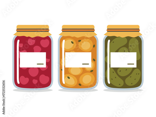 Illustration of three glass jars filled with colorful preserved fruits and vegetables.