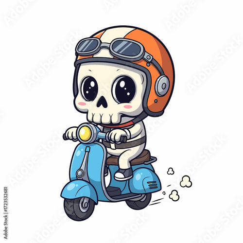 Cartoon Skeleton Biker with Orange Helmet Riding a Blue Scooter.