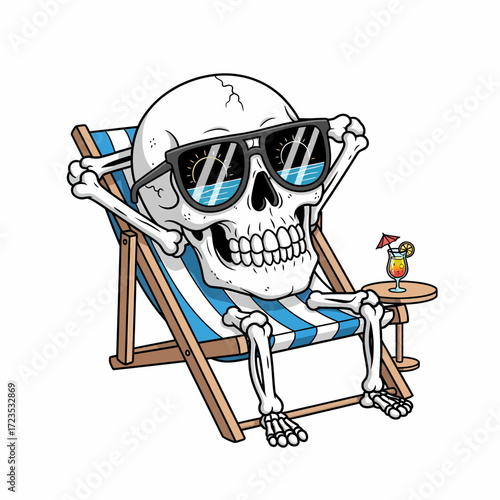 Cartoon Skeleton Lounging in Striped Beach Chair with Cocktail and Reflected Sunglasses.