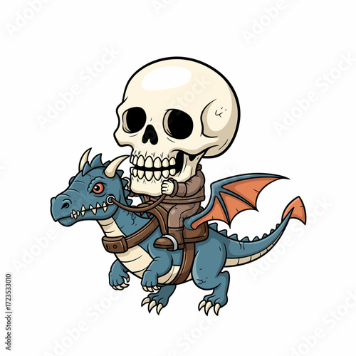 Cartoon Skeleton Rider Astride a Blue Dragon with Orange Wings.