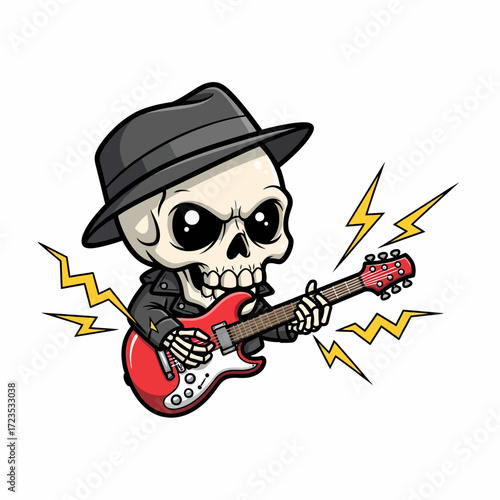 Cartoon Skeleton Rocker with Fedora Playing Red Electric Guitar.