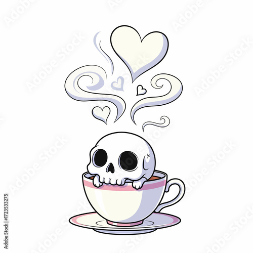 Cartoon Skull in Teacup with HeartShaped Steam Whimsical Gothic Illustration.