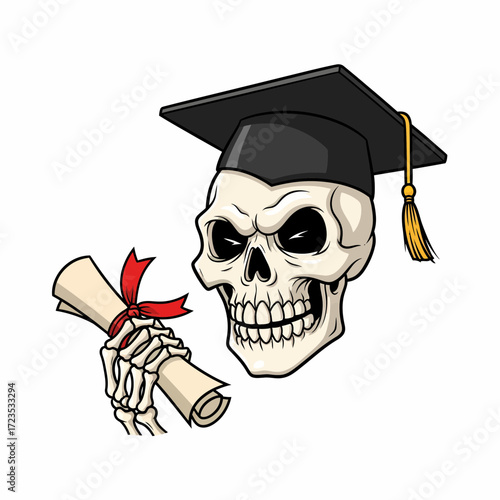 Cartoon Skull Graduate with Mortarboard and Diploma Tied with Red Ribbon.