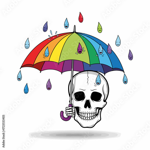 Cartoon Skull Under a Rainbow Umbrella with Smiling Raindrops Illustration.