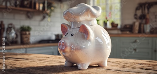 The playful piggy bank wearing a chef's hat in a cozy kitchen setting.