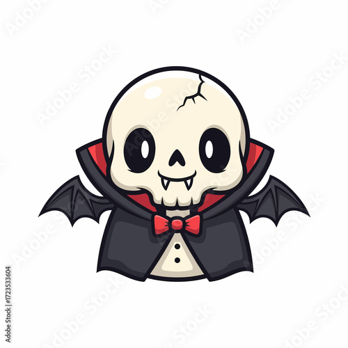 Cartoonish Vampire Skull with Bowtie and Cape Halloween Character.
