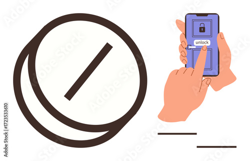 Padlock inside a circle symbolizes digital security and access. Hand unlocking smartphone using a fingerprint sensor. Ideal for security, technology, privacy, access control, authentication