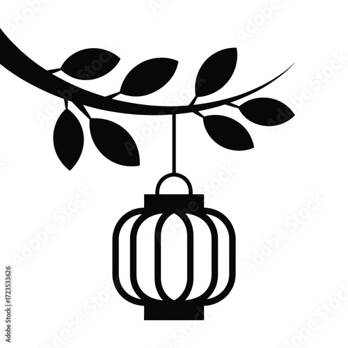Traditional lantern on tree branch, hanging luminary, decorative light, elegant outdoor ornament, cultural lamp, festive silhouette