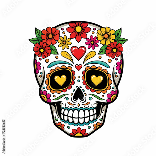 Ornate Sugar Skull with Heart Eyes and Floral Crown for Day of the Dead.