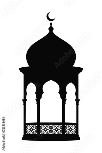 Mosque dome silhouette, Islamic architecture, prayer building, crescent moon symbol, traditional design, spiritual structure