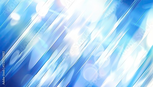Abstract artwork featuring diagonal, translucent, light blue and white streaks, overlaid with blurry, out-of-focus circular bokeh lights