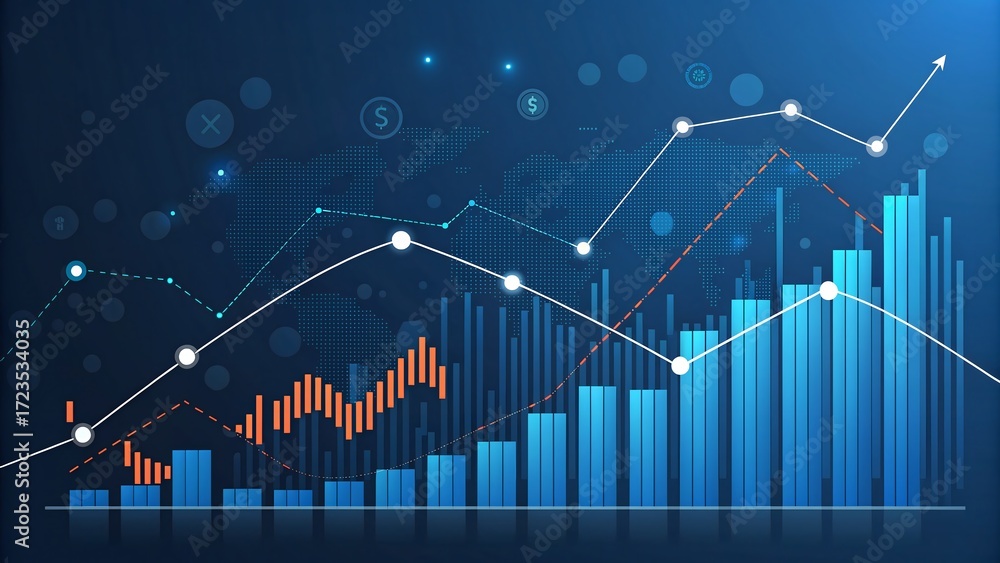 Naklejka premium Futuristic Digital Illustration of Financial Data Visualization with Bars and Curves