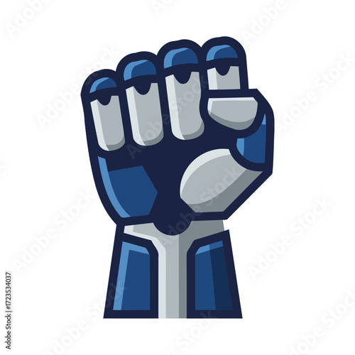 Illustration of a robotic fist with a blue and gray color scheme, clenched and ready.