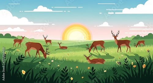Deer Grazing In Meadow.