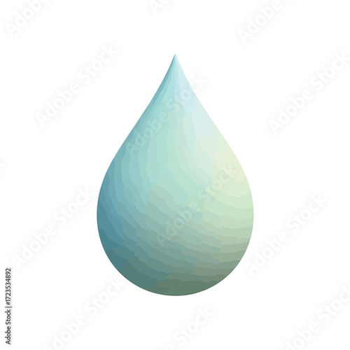 Water droplet hangs suspended in midair, reflecting soft light with subtle gradients, creating a clean and refreshing atmosphere.