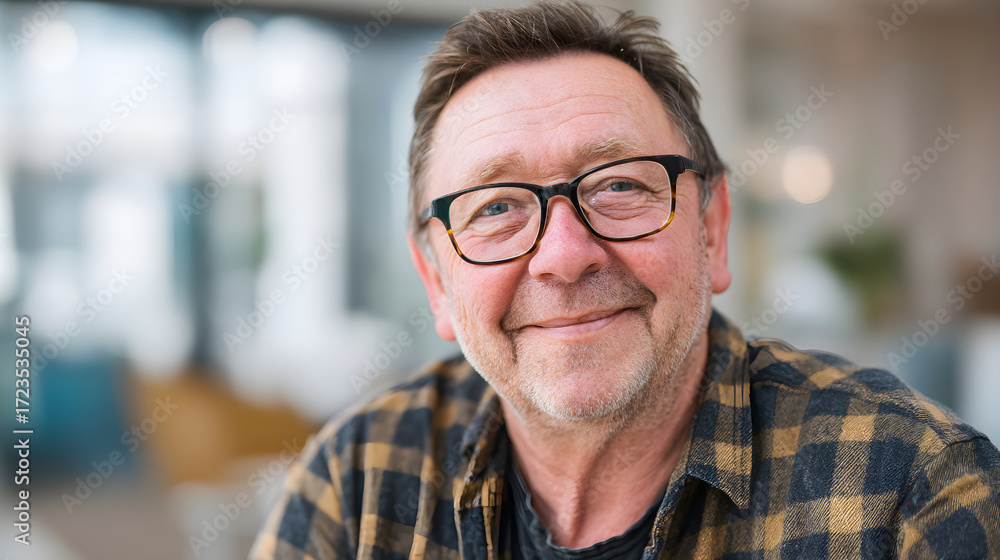 Obraz premium Mature man with glasses smiling warmly in a modern indoor setting with soft lighting