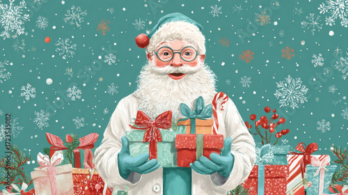 Santa Claus in a medical gown, holding gifts and smiling. A blurred background shows the interior of a medical clinic and medical equipment