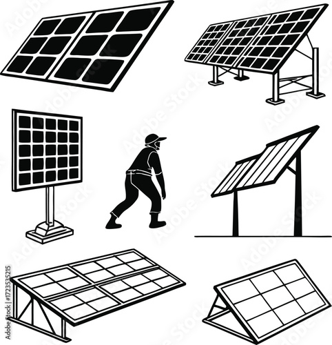 Vector art of illustration set of solar panels collection of alternative energy sources for electricity generation renewable energy concept solar power plant and photovoltaic panels
