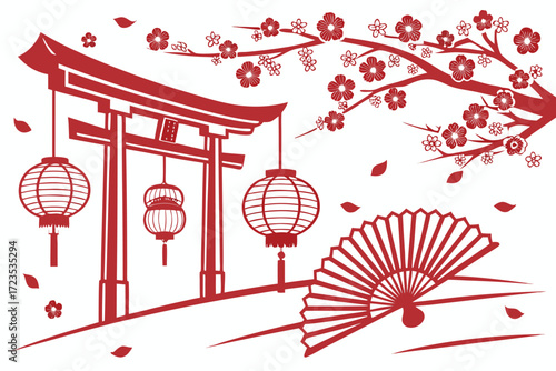 Seamless shinto matsuri festival background with traditional torii gates and japanese cultural elements for festive designs