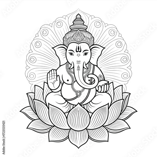Scalable vector line art illustration of lord ganesha seated on a lotus flower eps format silhouette vector illustration white background