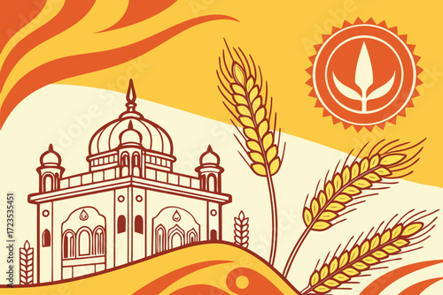 Seamless khanda pattern design celebrating the vaisakhi festival with traditional sikh religious symbols in a repeating graphic for festive applications
