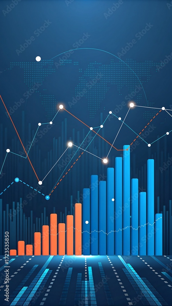 Fototapeta premium Futuristic Digital Illustration of Financial Data Visualization with Bars and Curves