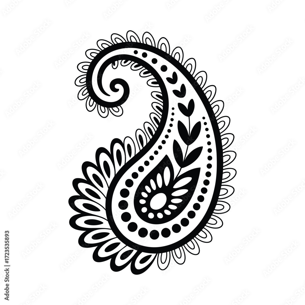 Obraz premium Detailed paisley outline design featuring leaves, dots, and scrolls for diverse graphic and textile applications