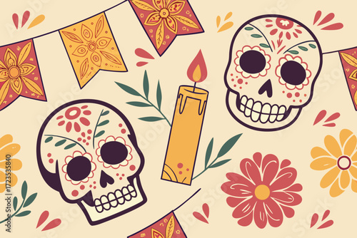 Vibrant day of the dead sugar skull seamless pattern with festive floral accents and traditional mexican motifs for celebratory designs