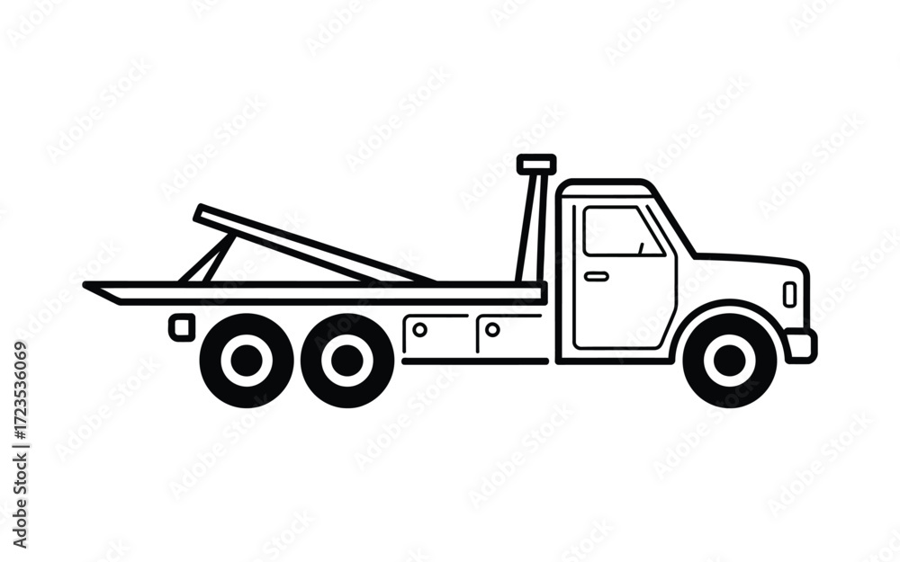Fototapeta premium Tow Truck Outline Flat Vector Icon Recovery Vehicle Side View Black Line Art Illustration